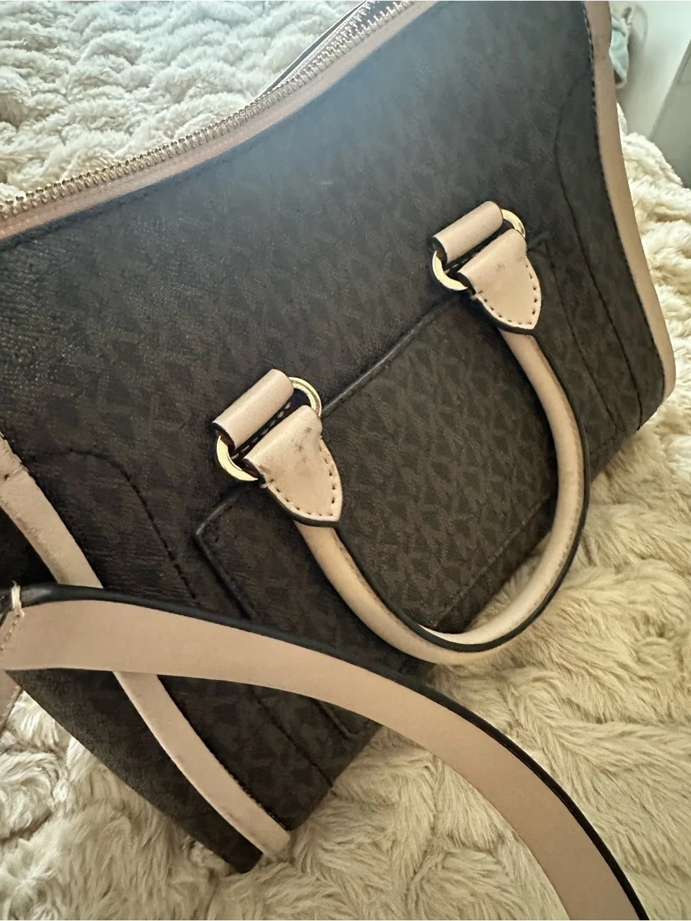 Michael Kors Brown Signature Satchel with light pink Trim and Gold Hardware